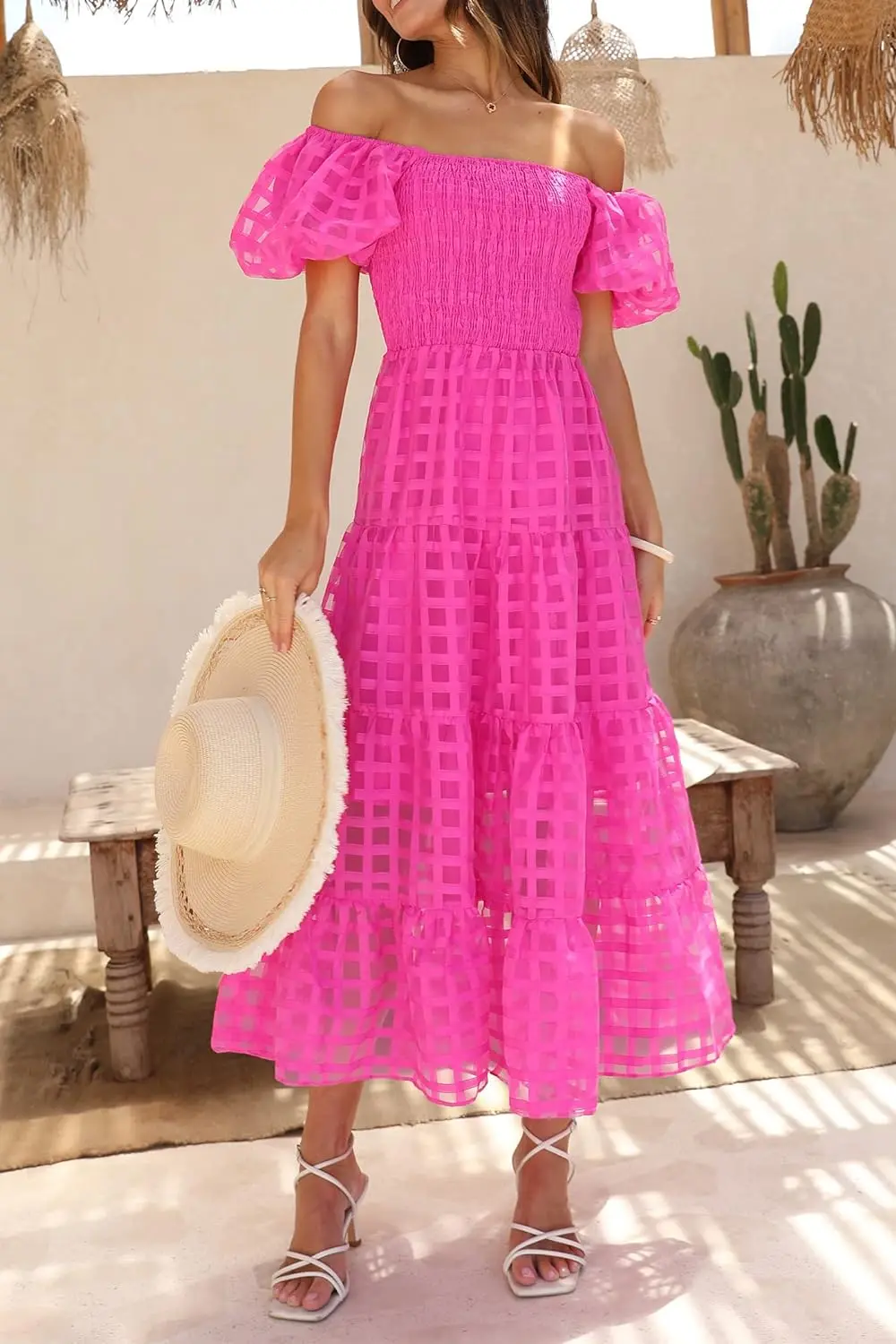 Women Off Shoulder Puffy Short Sleeve Square Neck Tiered Ruffle Midi Dress