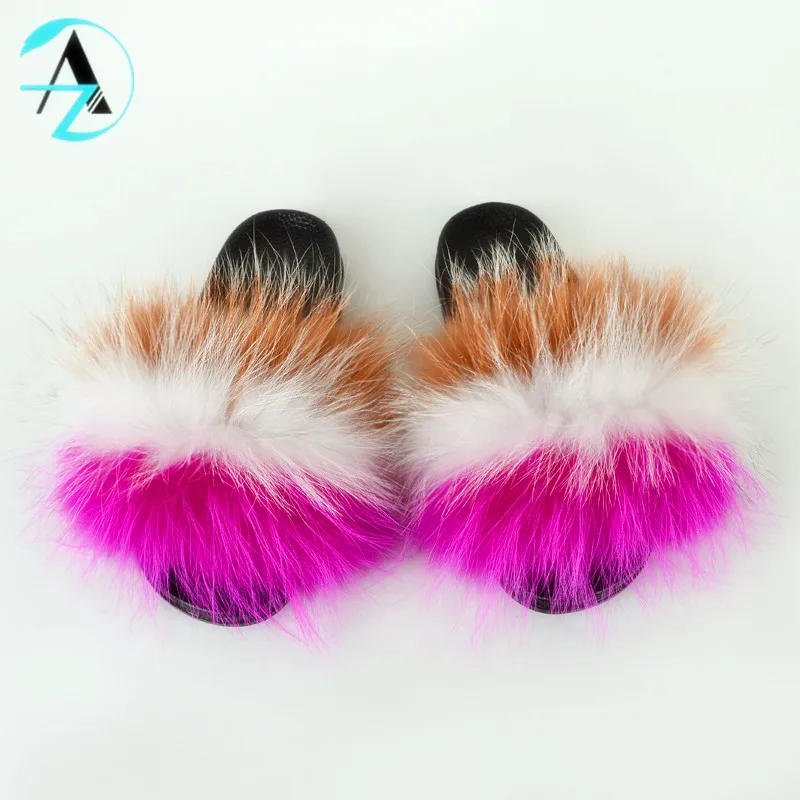 
Best Selling Comfort Fluffy Full Coverage Bedroom Fur Raccoon Slippers Soft Real Fox Fur Furry Slides For Women 