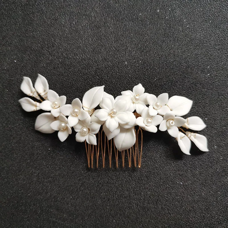 SLBRIDAL Handmade Rhinestones Pearls Ceramic Flower Leaf Bridal Hair Comb Wedding Headpieces Hair accessories Women Jewelry
