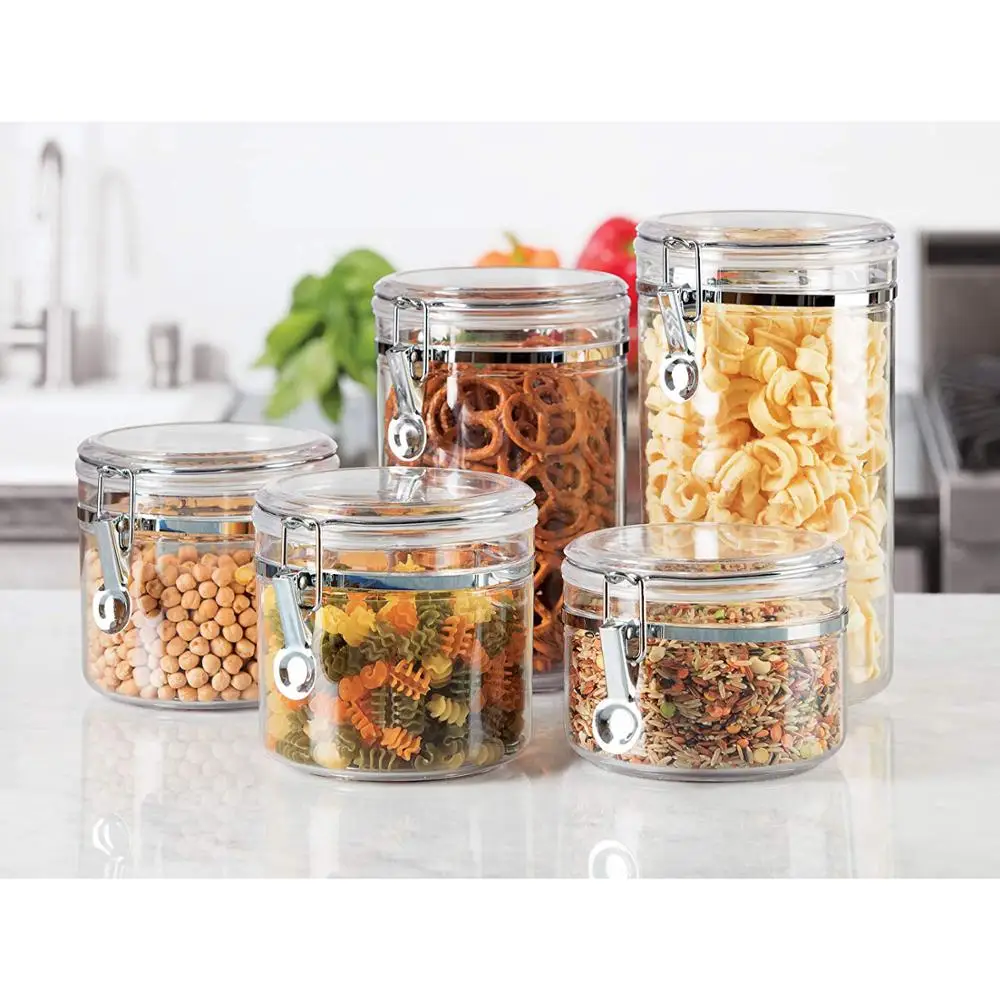 Food Grade 5 Piece Acrylic Canister Set Food Jars Clear Airtight Canister Set Food Storage Container with Airtight Clamp Lids
