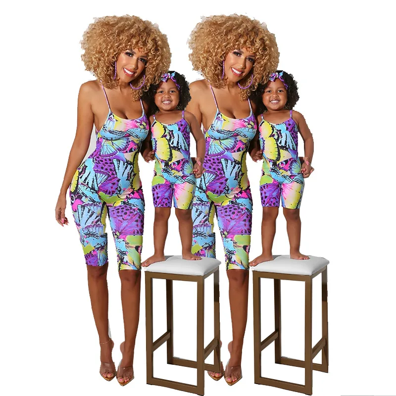 sleeveless mother and daughter matching clothes butterfly print short romper one piece jumpsuit family