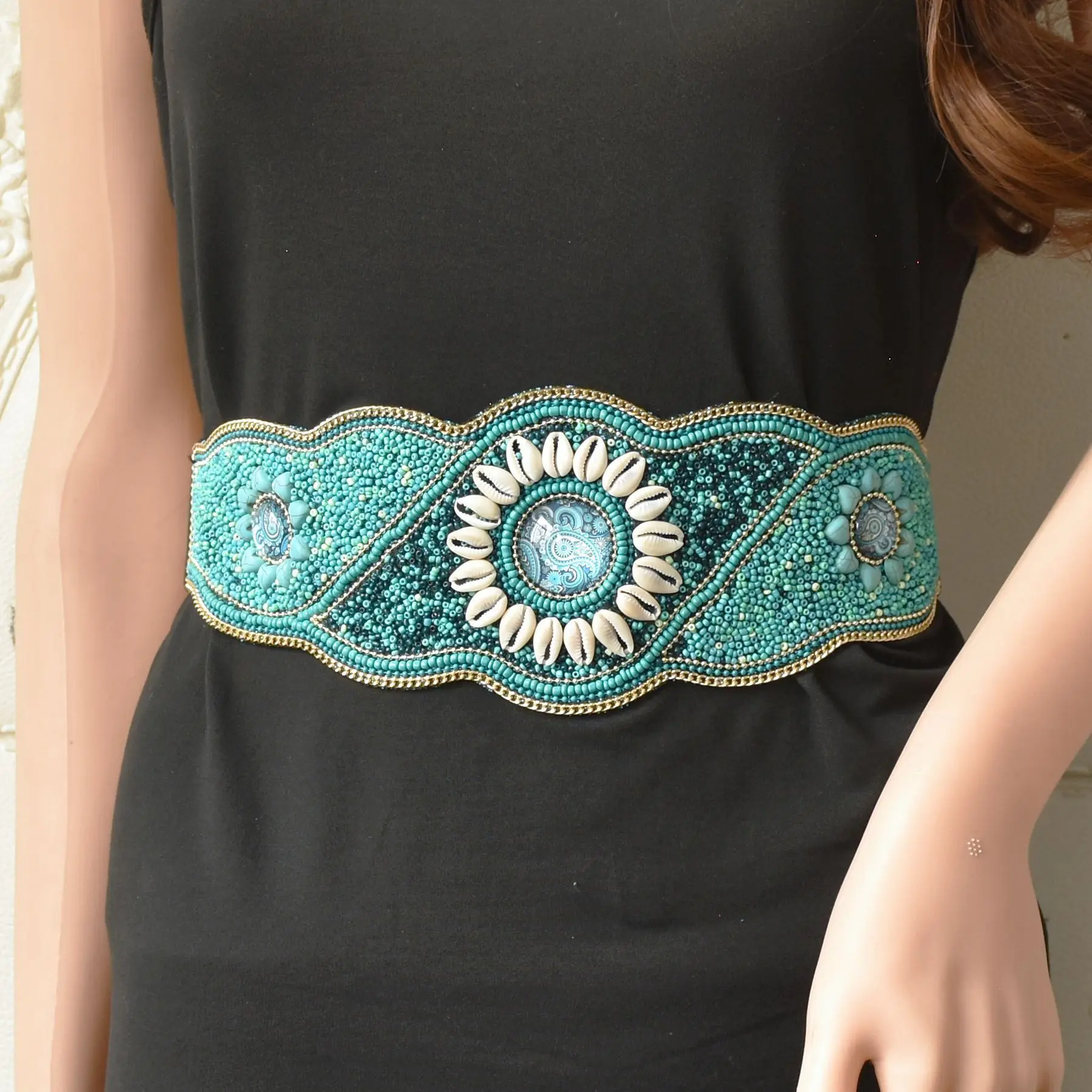 New Vintage Body Jewelry Belts Women Handmade Beaded Flower Adjustable Belt Ethnic Elastic Ladies Dress Beaded Waist Belt