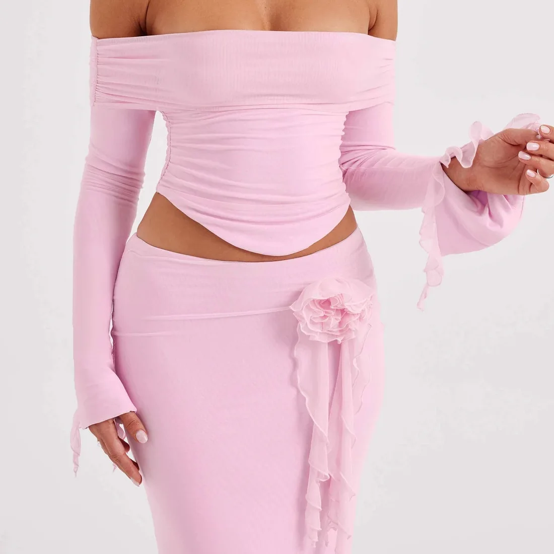 Women Sexy strapless off shoulder top Clothing Stylish Long Sleeve Pleated Dresses