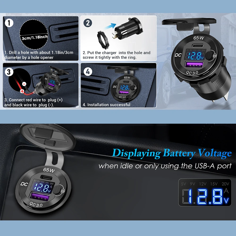 12V 24V Aluminum PD 65W for Laptop USB charger Socket and QC3.0 Multi USB Outlet with Voltmeter Ammeter and button Switch