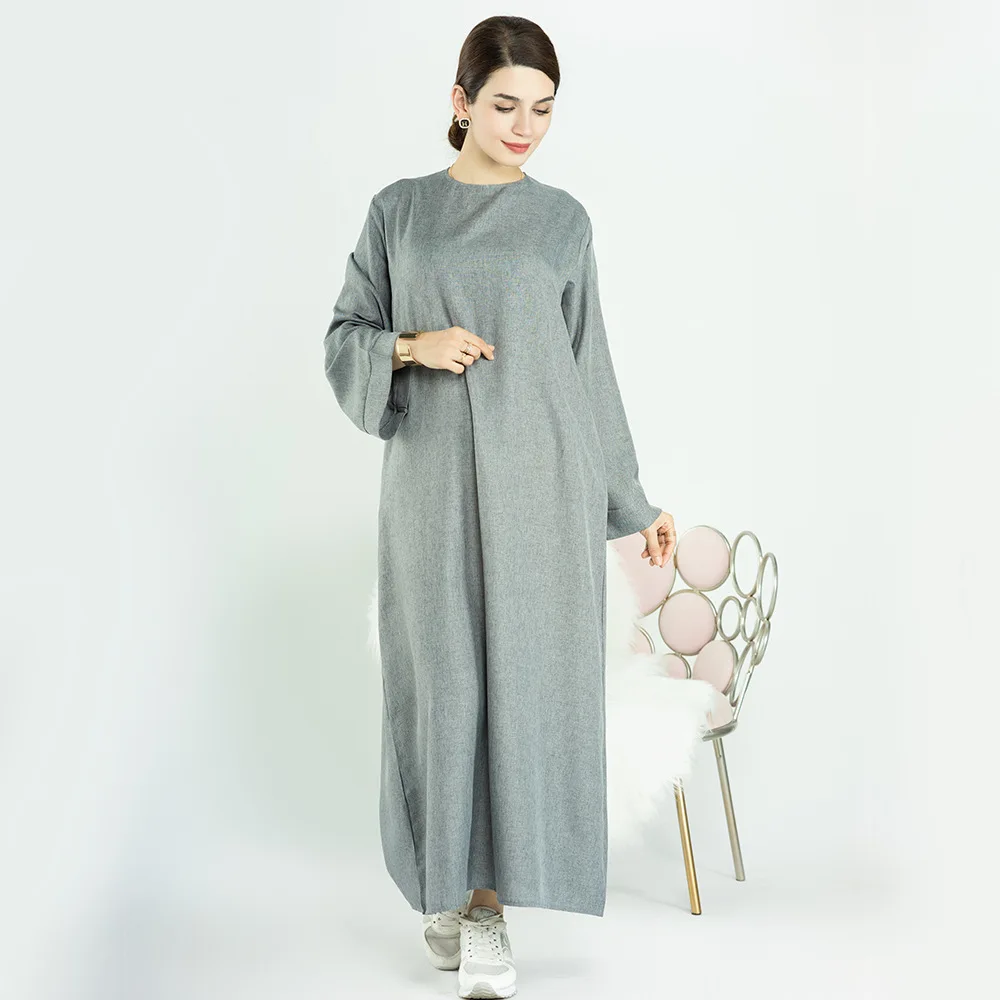 Linen Abaya Casual Dresses for Muslim Girls Abaya Designs Islamic Clothing Dubai Remandan Eid Women 2023 Wholesale 8 Colors 2pcs