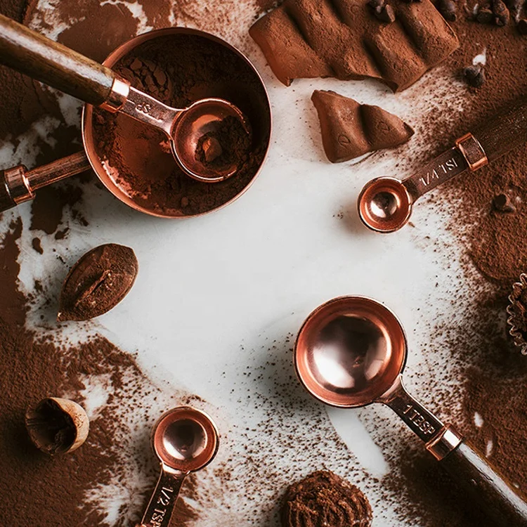 Gold Copper Stainless Steel Measuring Cups and Spoons Set 8 Pieces Engraved Measurements Measuring Cup & Spoon