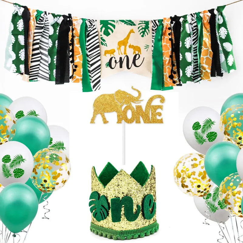Children Birthday Green Forest Animal Theme Banner Happy Birthday Flag for Cake Decorating Supplies Baby one Year Celebration