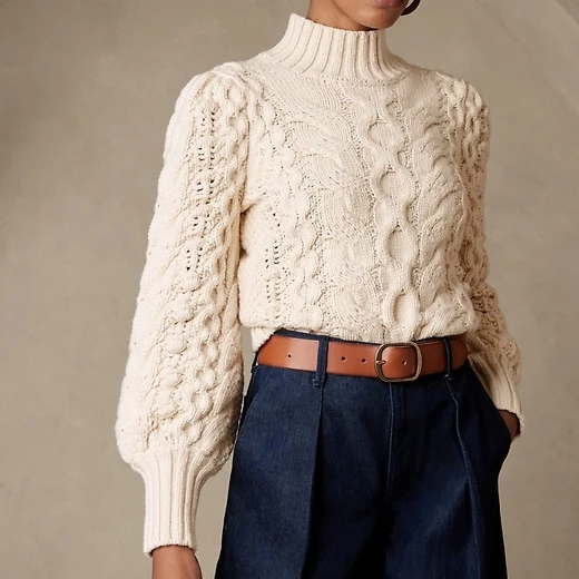 OEM Quality Supplier Women Sweater Designer Mock Neck Lantern Sleeve Chunky Textured Cable Knitted Sweater