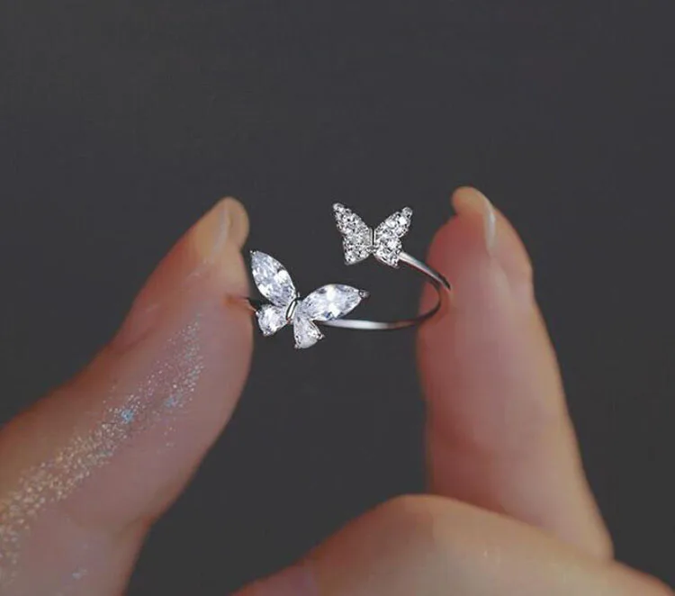 S925 silver zircon butterfly open rings for women