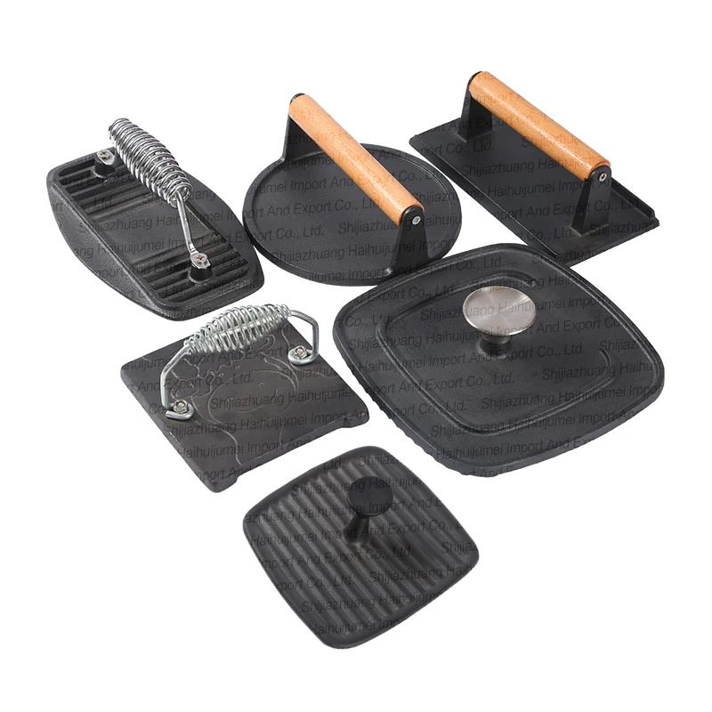 Manufacture Pre-Seasoned Cast Iron Hamburger Sandwich Smash Burger Bacon Meat Griddle Grill Press Wooden Handle