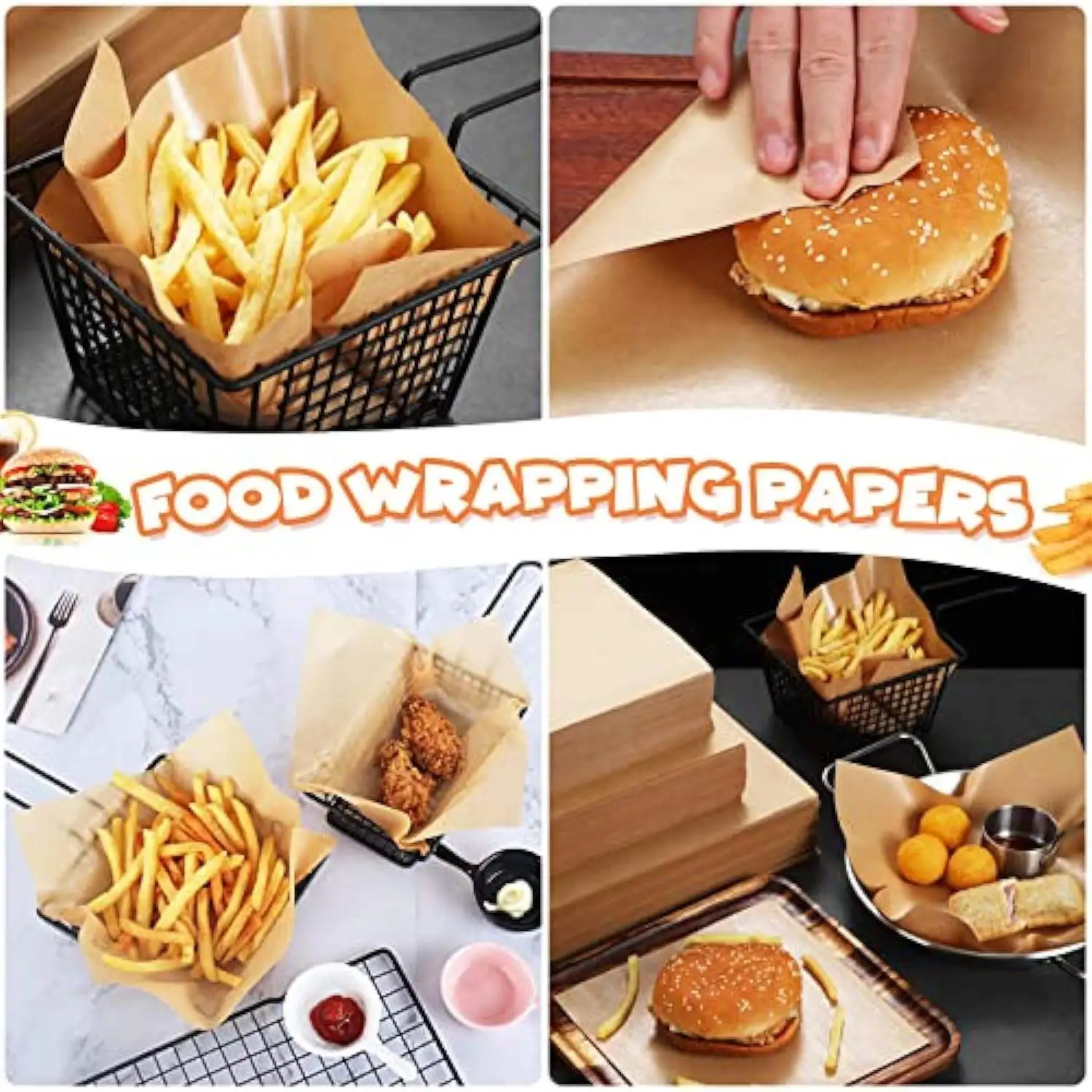 Kraft Paper Food Tray and Containers Brown Holders with Greaseproof Food Wrapping Paper For  Fast Food