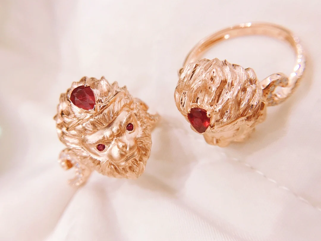 18k Gold Monkey King Ruby Natural Diamond Gemstone Real Gold Ring