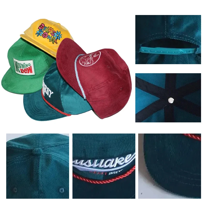 Vintage Custom Distressed 6-Panel Embroidery Gorras Unstructured Flat Bill Retro Snapback Caps for Men Corduroy Rope Design