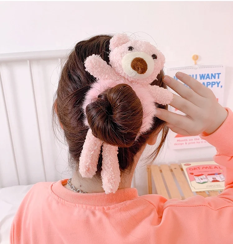New arrival cute plush bear hug sweet elastic hair ties 100 pcs thick seamless brown hair ties