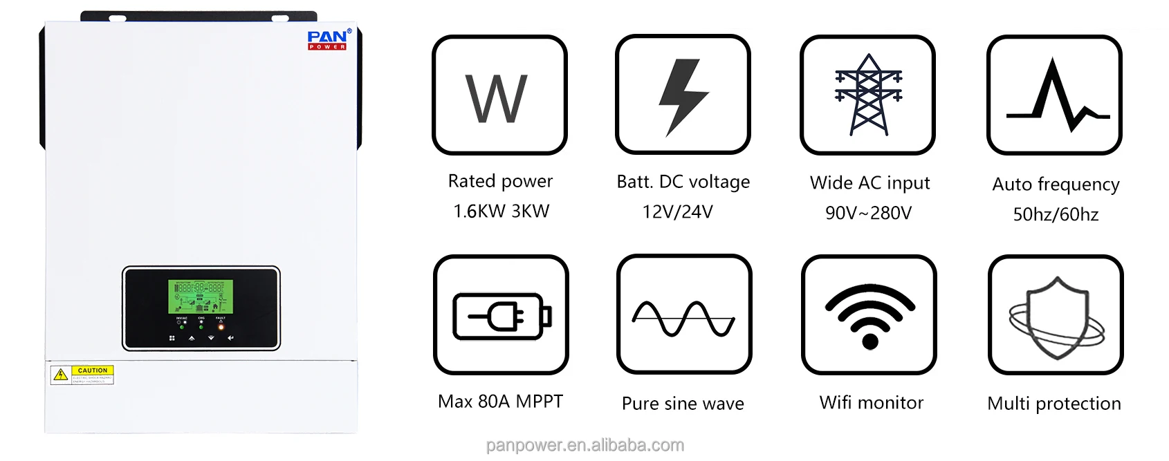 Off Grid Hybrid System 2KVA 3.2KVA High Frequency 1600W 3000W Solar 12V/24V 1.6KW 3KW Inverter
