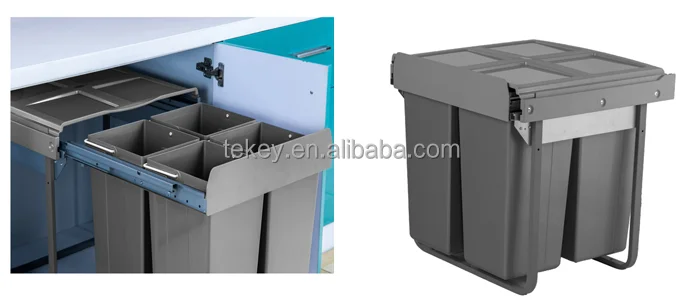 high quality 3 buckets plastic pull out waste segregation bin 2X34L with handle