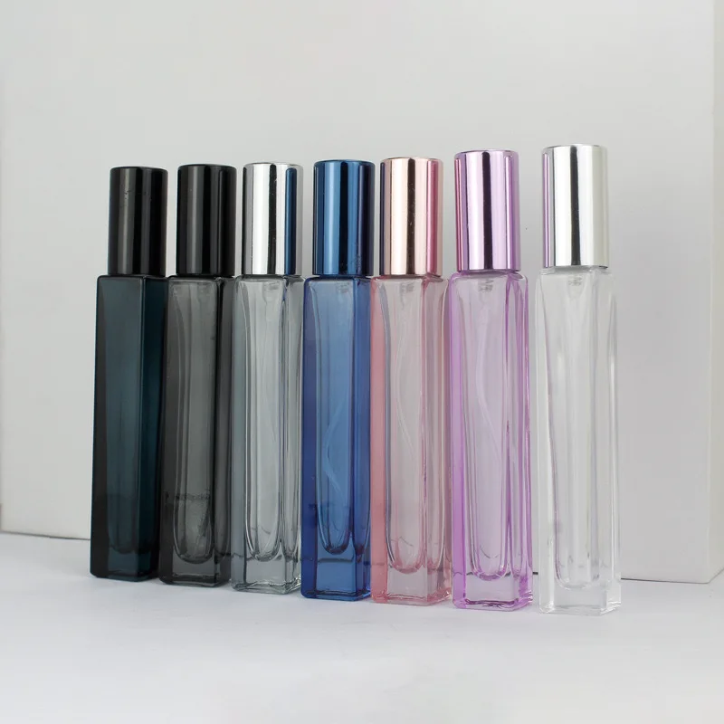 Luxury 3ml 5ml 10ml 10ml Tall and thin perfume bottle colorful square glass bottle with electrochemical aluminum sprayer nozzle