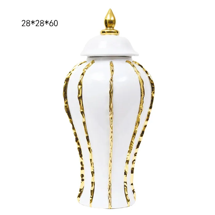 Factory Custom Electroplated Luxury White and Gold  Hotel Decorative Large Tall Ceramic Ginger Jar Flower Vase for Home Decor
