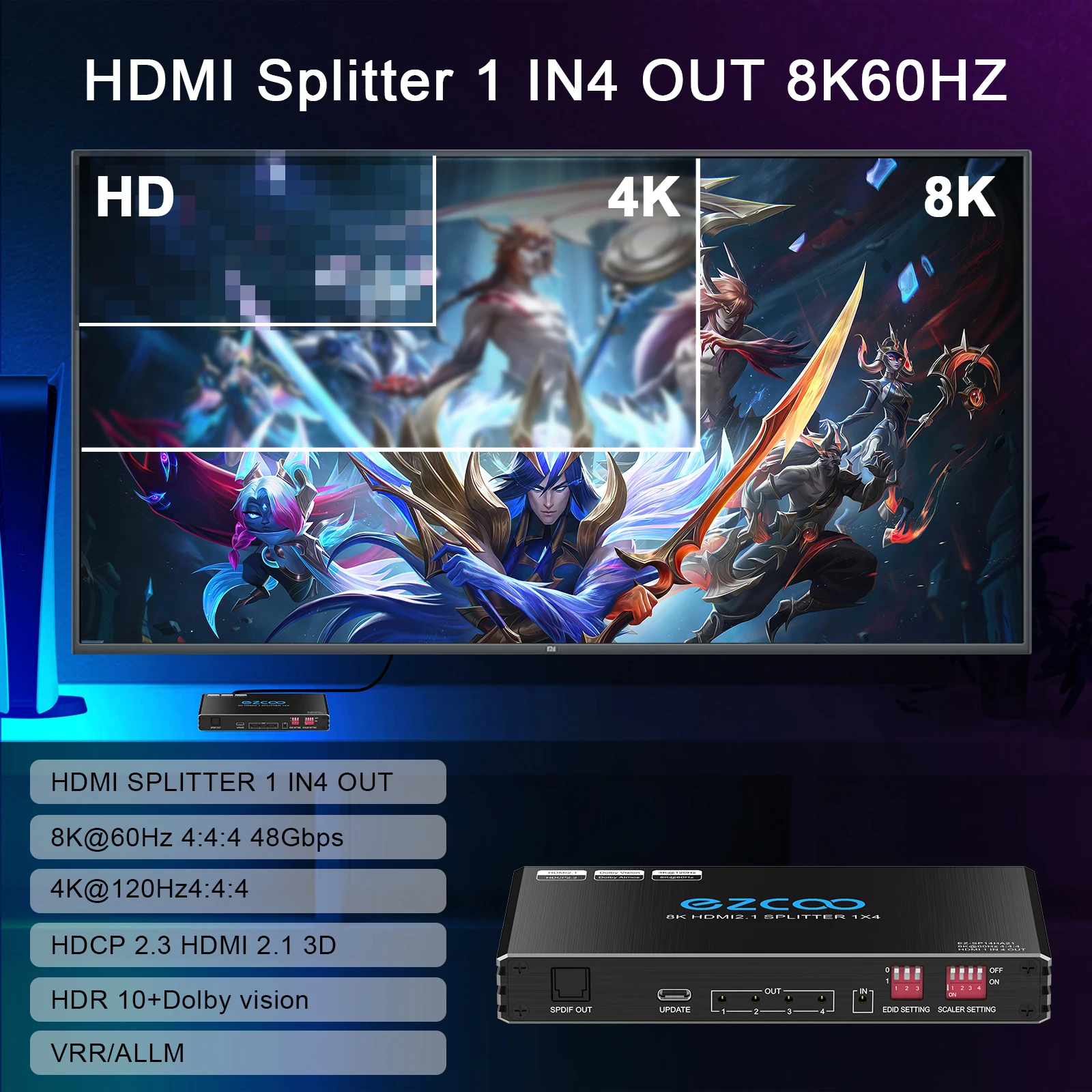 4K 120Hz HD-MI Splitter 1X4 prot Audio Extractor VRR ALLM HDCP2.3 HDR10+CEC SPDIF Optical 5.1CH Audio EDID Scaler