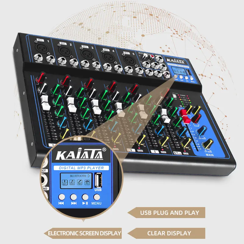 KAIKA F7- MB Professional 7-channel live sound card USB playback DJ console  Audio Mixer