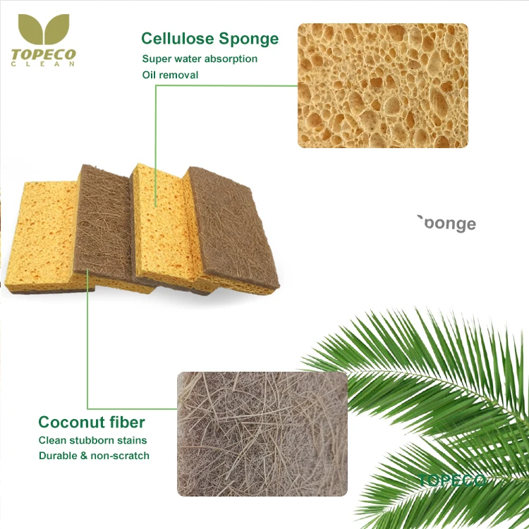 Topeco Hot Selling 2022 Home Natural Coconut Plant Based Scrub Sponge Palm Fiber Cellulose Sponge Conjac Coconut Sponge