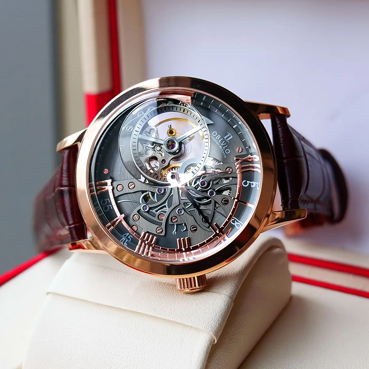 
OBLVLO Casual Watches Men Skeleton Dial Calfskin Leather Band Rose Gold Watches Automatic Watches for Men Montre Homme VM 1 