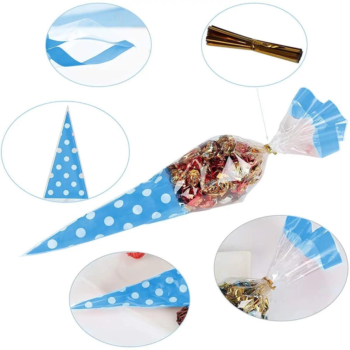 Clear Cellophane Cone Bags Twist Ties Large size Party Sweet Cello Candy bags