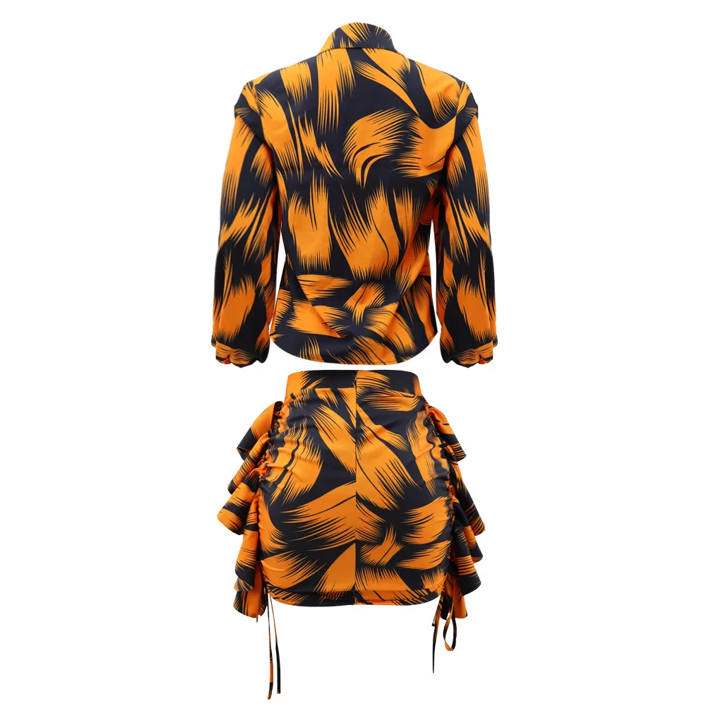 2023 Luxury Print Two Piece Dress Set Elegant Women Female Holiday Sleeve Lace Up Shirt Crop Top Ruffle Mini Skirt Suit