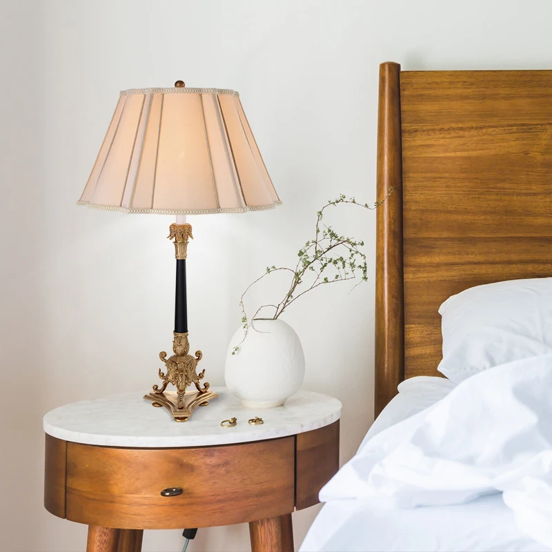 European Vintage Solid Lost Wax Brass Bedside Black Marble Decorative Antique Table Lamps