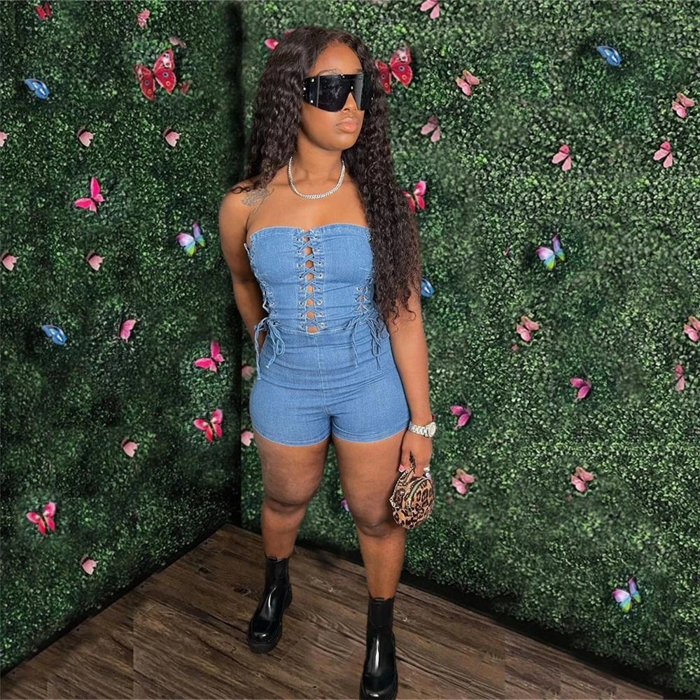 New Fashion Summer Rompers for Women One Piece Jumpsuit 2022 Short Tight Strapless Hollow Out Lace Up Denim Jean Jumpsuit