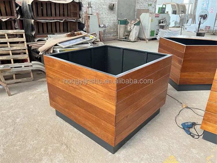 Customized Rectangular Solid Wood Flower Planter Pot Stainless Steel Moving Plant Box for Street Public