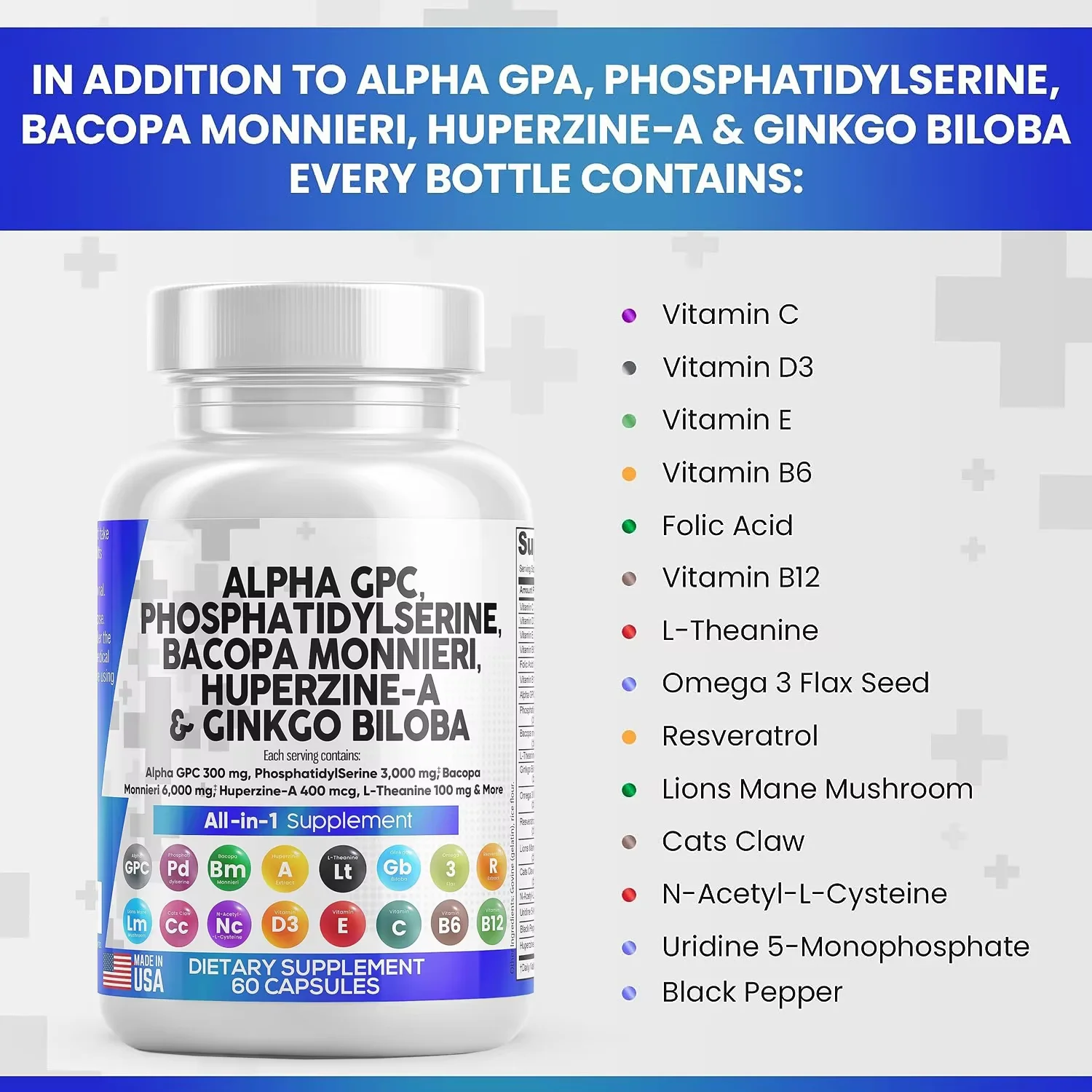 Alpha GPC Choline Capsules Phosphatidylserine Bacopa Monnieri Ginkgo Biloba Phosphatidylserine Enhanced Brain Function Adults