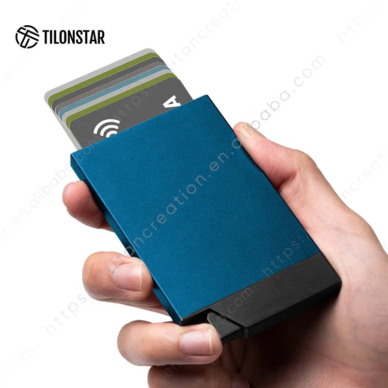 Customized Logo New Patented Quick Hold 8 Cards Access RFID Blocking Slim Aluminum Metal Pop Up Wallets Credit Card Holder