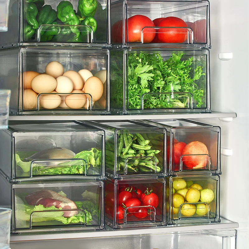 High Quality Clear Kitchen Fridge Organizers Stackable Pantry Storage Drawers Food Storage Container Boxes for Refrigerator