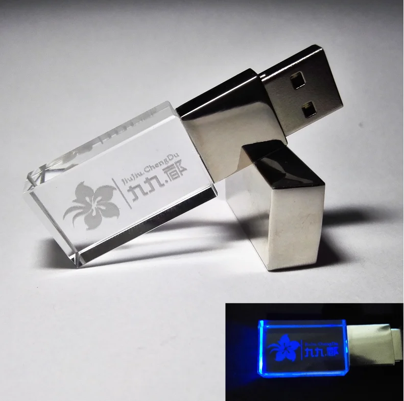 Best price custom logo LED rectangular crystal U disk 8gb 16gb 32gb  flash drive with light for business gift