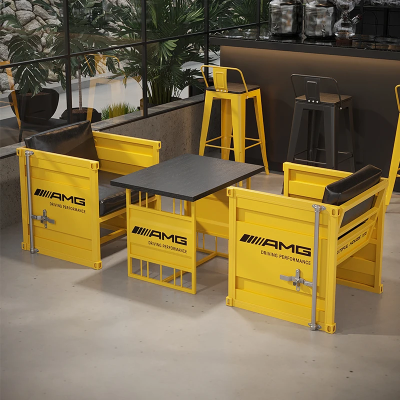 Creative Restaurant Dining Table & Chair Set Container Style Coffee Table Set Industrial Metal Bar Table & Chairs