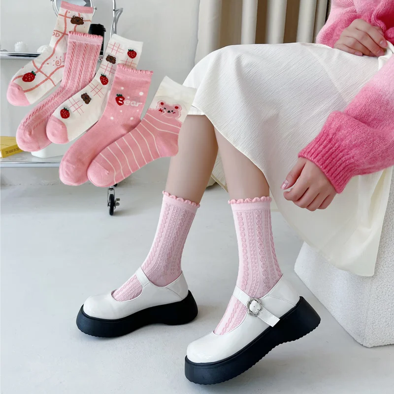 Funny cartoon rabbit strawberry sock breathable Cotton Japanese Korean socks custom logo OEM design pink lace crew socks