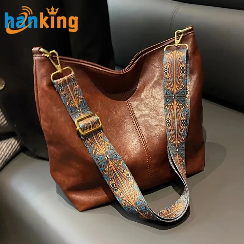 Ehanking Wide Geometric Strap Shoulder Bag Large Capacity Crossbody Bags For Women,Retro Pu Leather Bag For Shopping & Travel