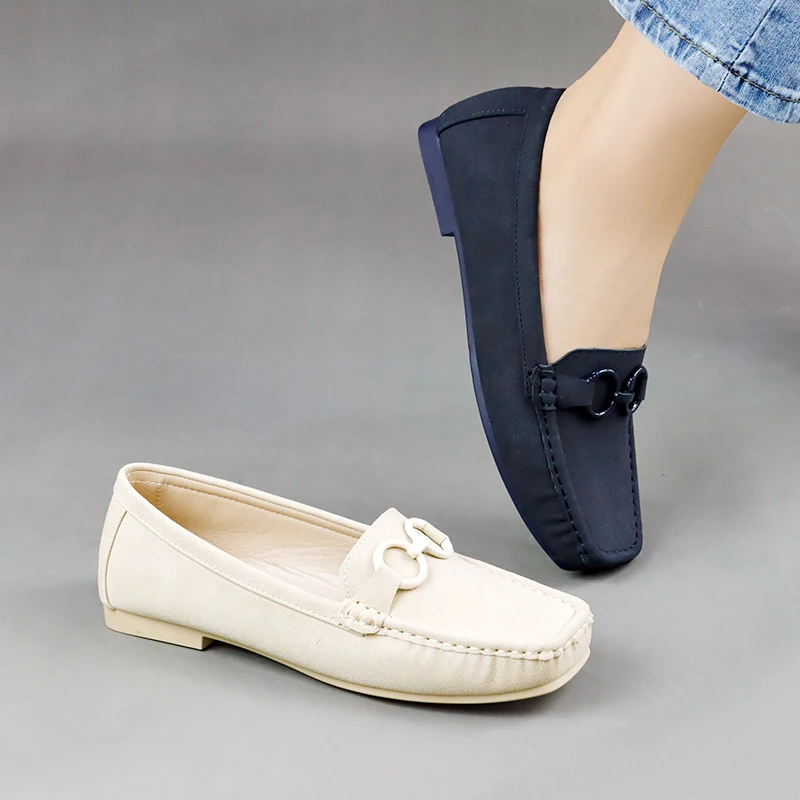 Suede Moccasin Shoes Chain Decoration Softsole Anti-slip Square Head Ladies Driving Slip On Loafers Ballet Flats