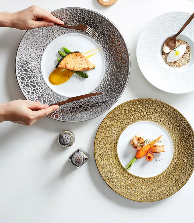 Hot Sale 1pc Ceramic Porcelain Charger Plate Dinner Plate Bowl Set in Gold/White/Black/Silver for Weddings Birthdays 1pc MOQ