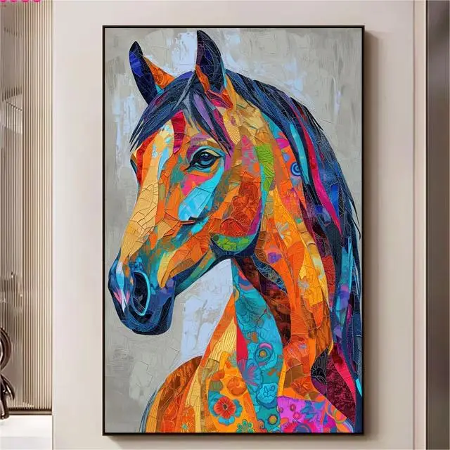 3D Colorful Horse Abstract Minimalist Oil print Painting on Canvas Custom Living Room Wall art Decor Animal Paintings texture