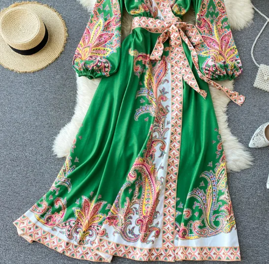 Новинка Весна 2021, женское цельное платье с запахом и винтажным принтом, длинное платье с юбкой