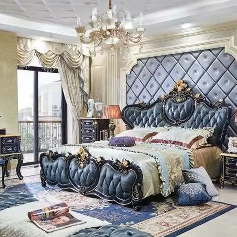 European luxury home bedroom furniture bed set Classic queen king size carved solid wood frame full leather double bed
