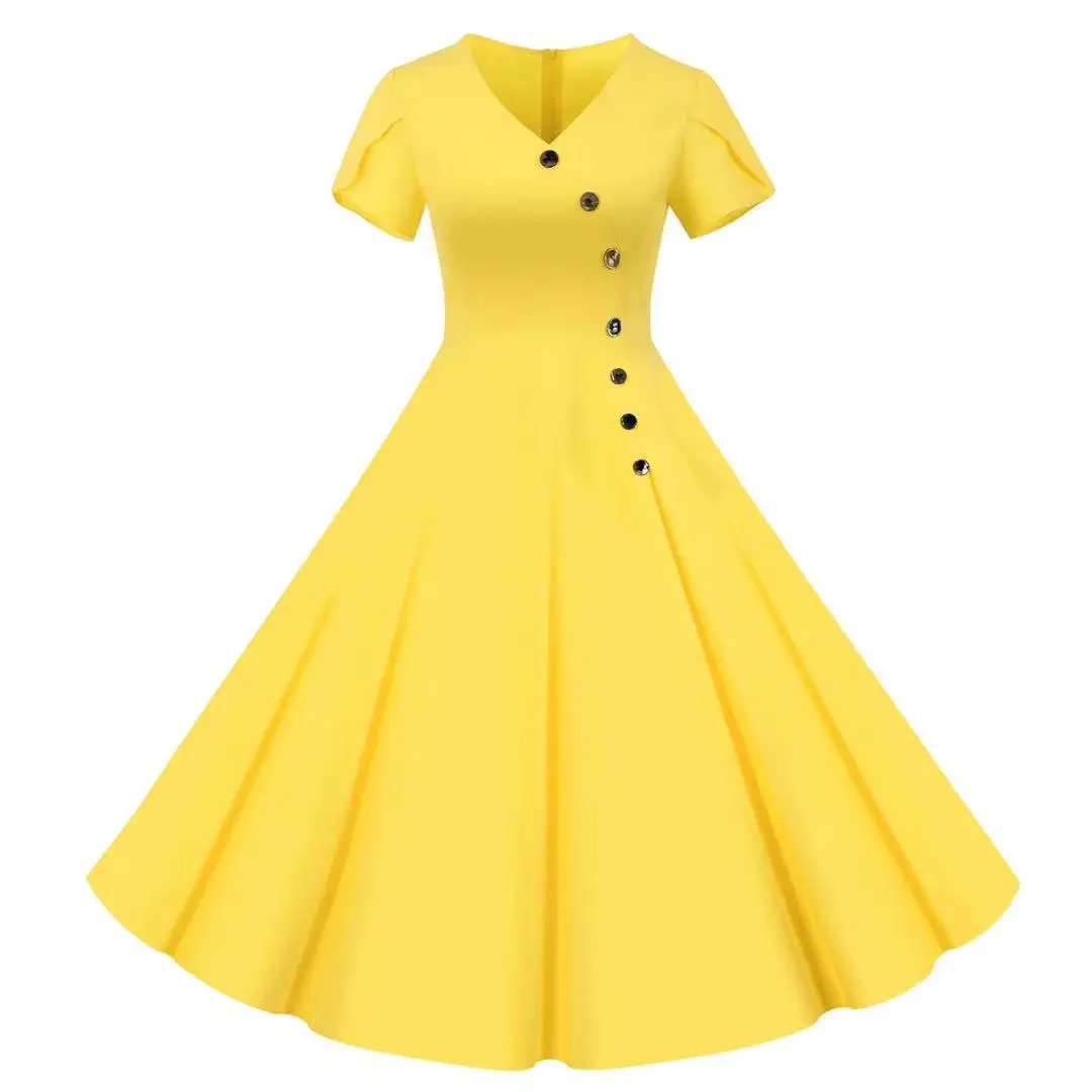 Women Short-Sleeve Full Circle Flare  Vintage Elegant 1950s Retro Rockabilly Prom Dresses With Buttons