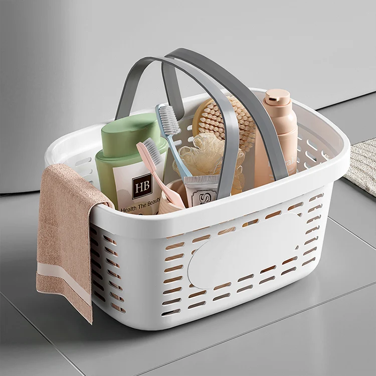 Portable small white plastic laundry shower caddy picnic food organizer storage basket with handle holes