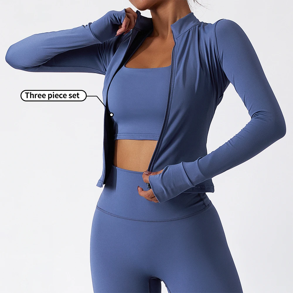 Fitness Girls Gym Yoga Jacket Zip Top Workout Long Sleeve Yoga Coat SportsWear 3 Piece Yoga Sets