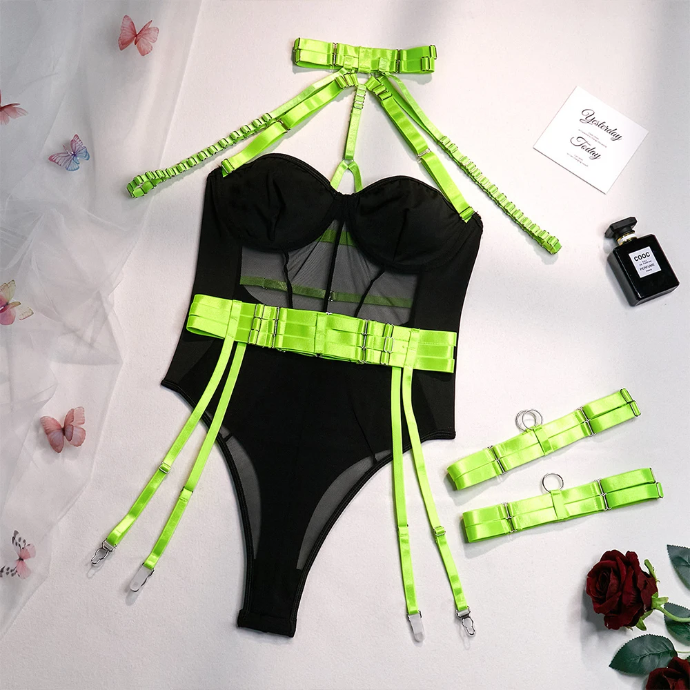 belle femmes sex lingerie tie the strap hang the neck set women underwear sexy spice Push Up lingerie set sex valentine day