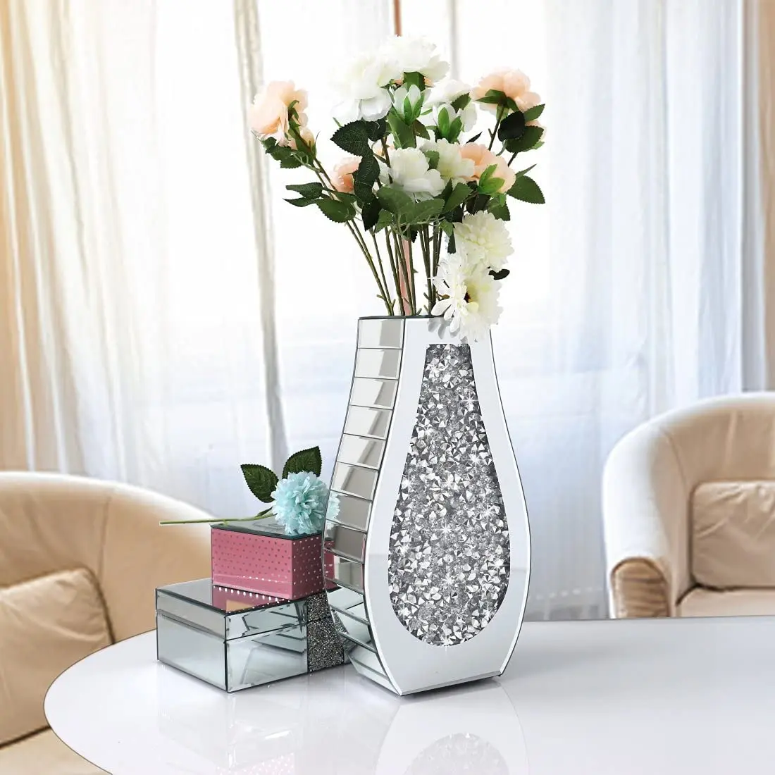 Arc-Shaped Thickened Large Size Luxury Crystal Silver Glass Decorative Crushed Diamond Mirrored Flower Vase For Home Decor
