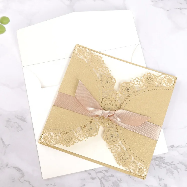 
Latest gold custom luxury laser cut wedding invitations golden lasercut wedding invitation cards 