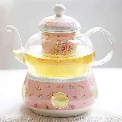 High Quality Elegant Ceramic Porcelain Glass Teapot Set Flower Design Tea Pot With Stand Warmer